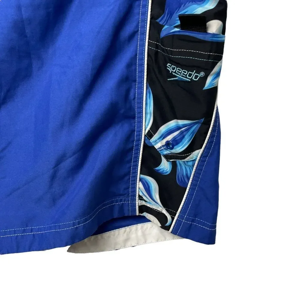 Speedo Solid Royal Blue and White Hawaiian Floral Swim Trucks drawstring size L